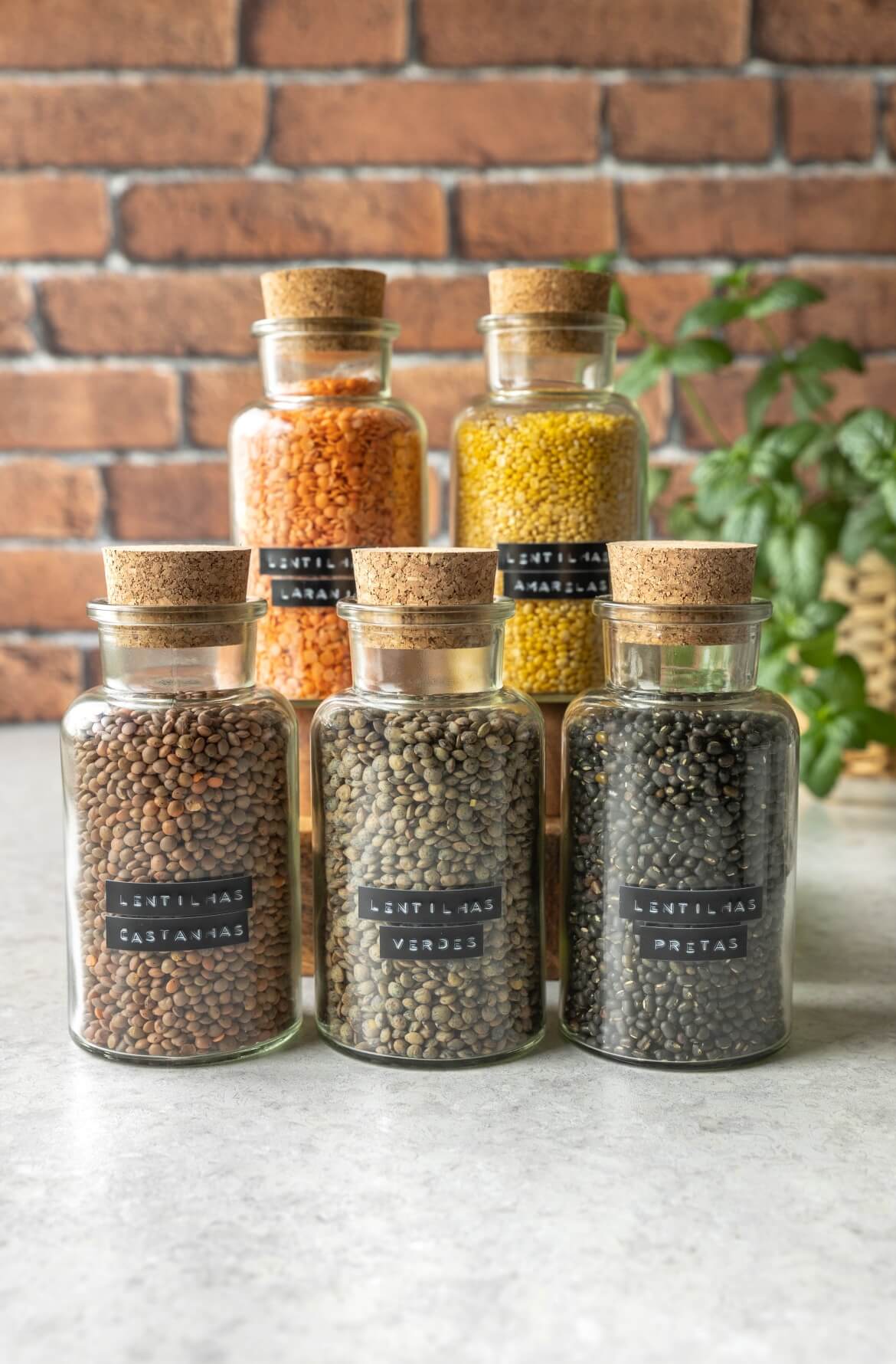 5 frascos com lentilhas laranja, amarela, castanha, verde e preta