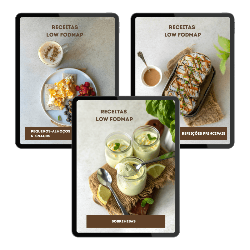 Guias de receitas low FODMAP: pequenos-almoços, pratos principais e sobremesas.